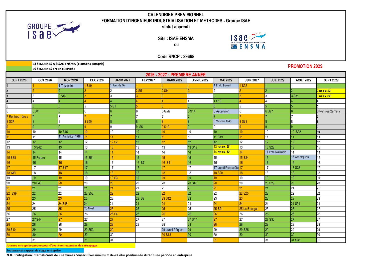 ISAE ENSMA promo 2029 - Calendrier FISA A1 26-27